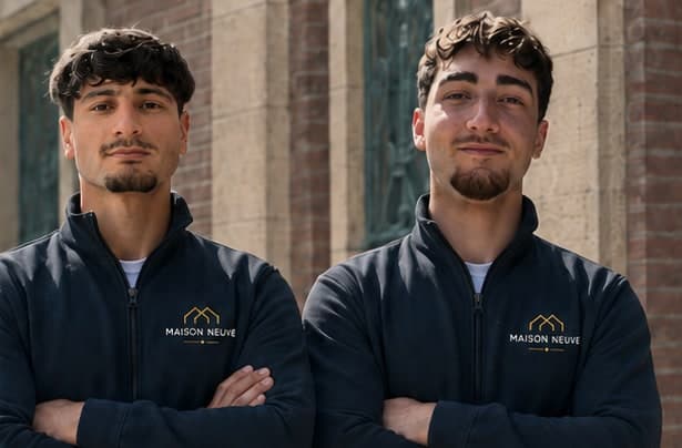 Pierre et Dilshad, les deux associés de Maison Neuve, en veste floquée aux couleurs de l’entreprise